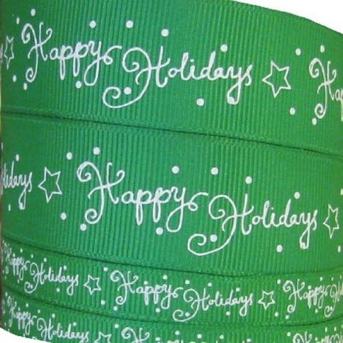 Green Holiday Grosgrain Ribbon - Happy Holidays 7/8 Inch x 20 Yards