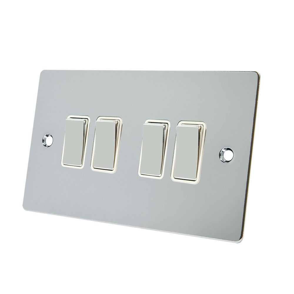Alliance Electrical FPC4GSWIWC Polished Chrome Flat White Insert Metal Rocker Switches-10 Amp 4 Gang 2 Way Light Switch, 240 V