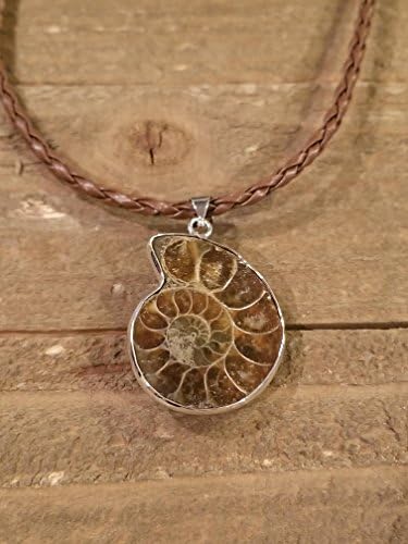 Fossil Ammonite Pendant Brown Leather Necklace Primitive Ocean Shell Jewelry Hippie Boho Handmade (N70)