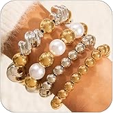 SAVNOJW Trendy Big Gold Pearl Beaded Bracelets Stack for Women, Unique 4Pcs Stackable Stretch Chunky Large Silver Beads Twisty Bracelet Set Party Jewelry Gift