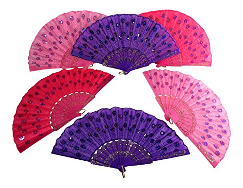 Butterfly Twinkles Girls Dress Up Folding Fans 17 Inch Sequined Fabric Tea Party Hand Held Set of 6 Pink Bright Pink Purple