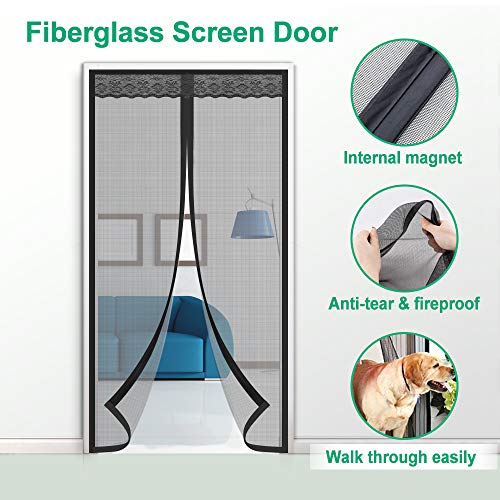 Magnetic Screen Door, KOMAKE Fireproof Fiberglass Screen Door with Full Frame Velcro Anti Mosquito Bugs Mesh Screen Curtain Pet and Kid Entry Friendly, Fits Door Size up to 38" x 82" Max- Black