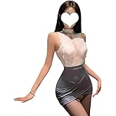 SENJIY sexy secretary outfit for women lingerie office Teacher costume OL Uniform Cosplay Backless one-piece Dress Skirt Underwear Bodysuit Roleplay Babydoll Set Halloween With Socks White Grey