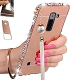 [1-Pack][2-IN-1]LG K7 Case, LG Tribute 5 Case, AMASELL Luxury Bling 3D Sparkle Diamond Metal Frame Bumper + Ultra Slim Acrylic PC Hard Mirror Back Cover With Pearl Tassels (Rose Gold with bling)