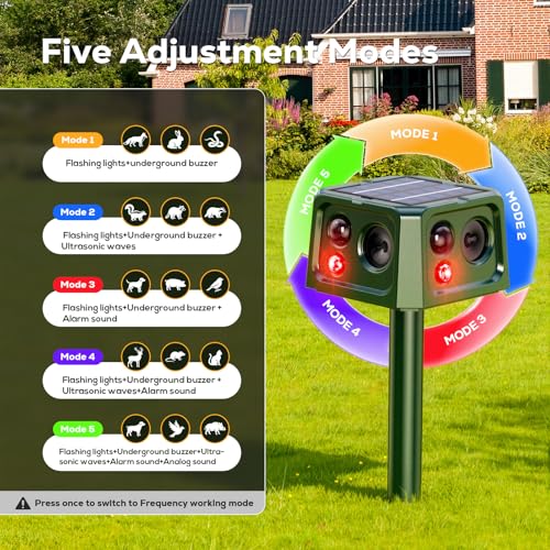 outsweat Outdoor Cat Repellent, 360° Ultrasonic Solar Mole Repellent with Motion Detector and Flashing Light, Waterproof IP66 5 Modes Snake Repellent for Voles Wild Raccoon Rabbit
