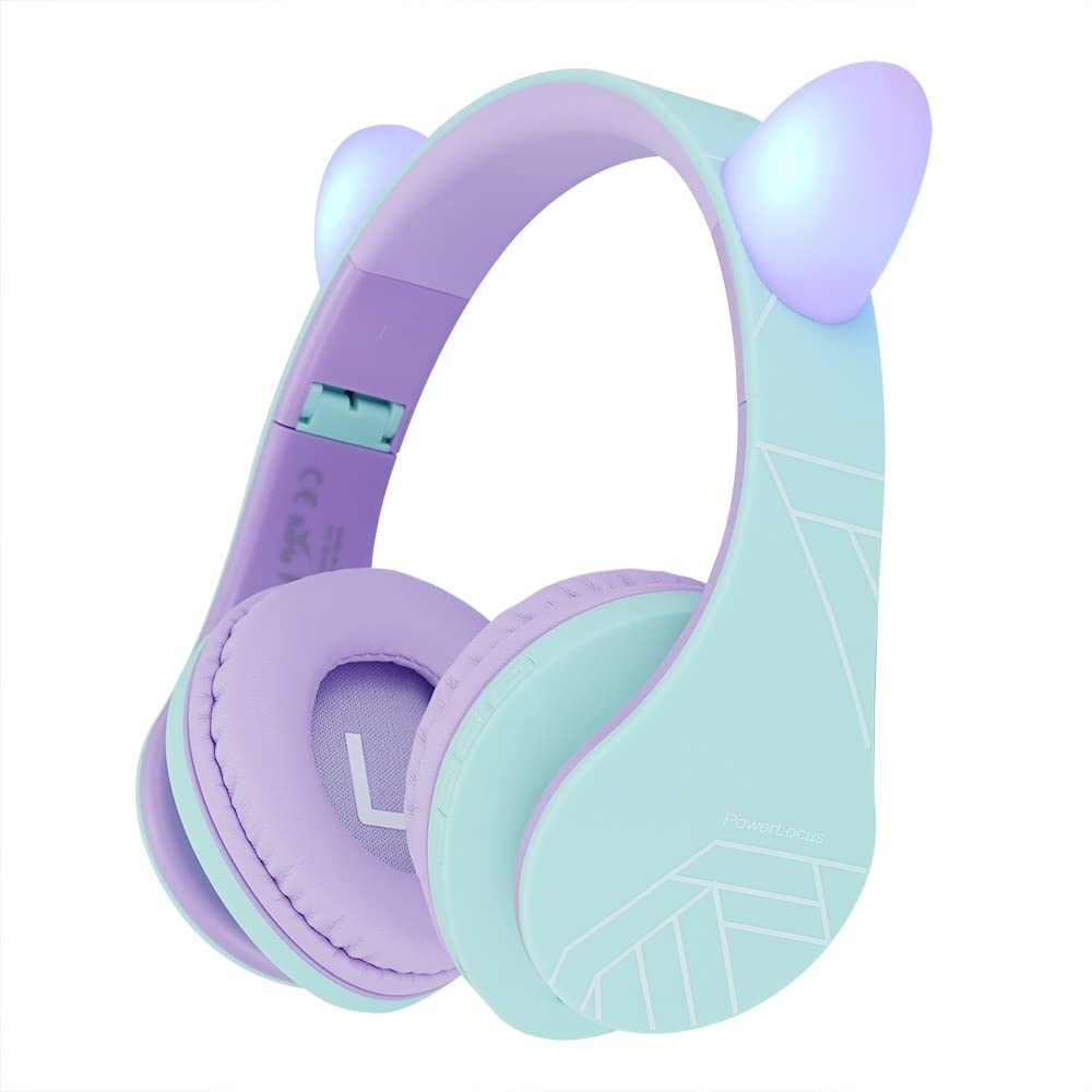 PowerLocus P2 Kids Headphones Wireless, Bluetooth Headphones for Kids Over Ear with Volume Limit 85DB, Cat Ear LED Light Up, Built-in Microphone, Foldable, Micro SD/TF for iPhone/iPad/Laptop/PC/TV