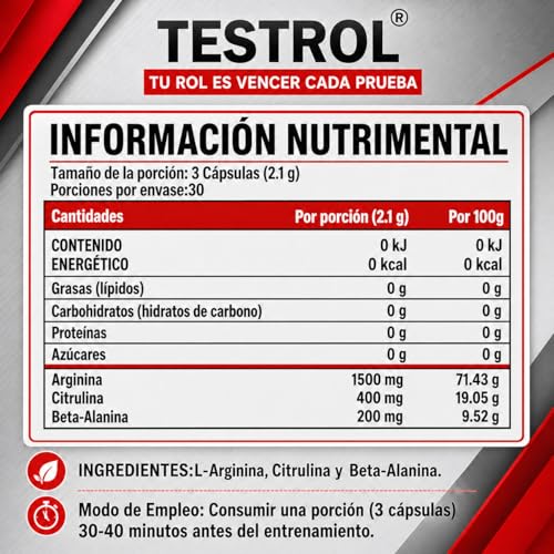 Arginina Platinum 2100mg por porción | L Arginina + L Citrulina + Beta Alanina | Pre Workout | Pre Entreno sin Cafeina | Precursor de Oxido Nítrico | Testrol TSN (90 Cápsulas).