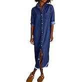 chouyatou Women's Spring Long Sleeve Button Down Denim Shirt Dress Lapel Distressed Midi Long Jean Shift Dress