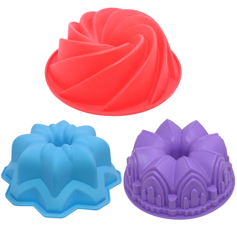 AIFUDA 3 Pcs Silicone Baking Molds - Large Swirl, Castle, and Double Flower Cake Molds for Birthday Party DIY