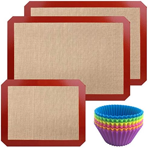 Set of 3 Non-Stick Silicone Baking Mats and 6 Pack Silicone Baking Cups, DaKuan Two 16.5" x 11.6" & One 11.5" x 8.5"Silicon Liner and 6 Reusable Muffin Cups Cake Molds