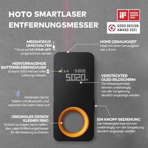 HOTO Laser Rangefinder 30 m Measuring Range, ±2 mm Accuracy, Laser Meter for Rooms, OLED Display, USB-C Charging, Unit Conversion (Feet/Metre), Pocket Size 98 ft, Gifts for Mum Dad