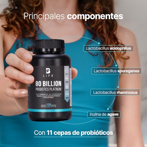 B Life Probióticos 80 Billones con 11 Cepas Potenciadas con Inulina de Agave | 140 Cápsulas Veganas de Liberación Retardada para mas de 4 Meses