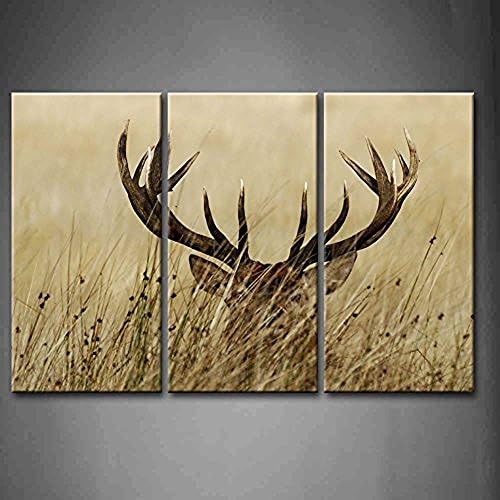 TMD Shop 3 Panel Wall Art Deer Stag With Long Antler In The Bushes Painting The Picture Print On Canvas Animal Pictures For Home Decor Decoration Gift piece