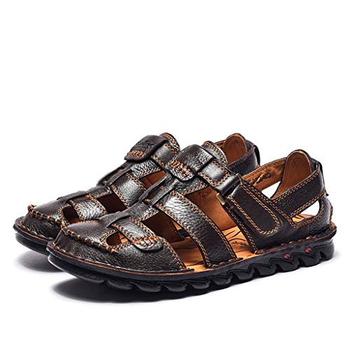 Yomiafy Men's Sandals Summer Outdoor Leather Fisherman Shoes Closed Toe Casual Beach Sandals(Brown,US:10.5)