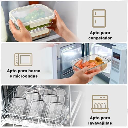 10 Piezas Recipientes de Vidrio con Tapas Herméticas, Reutilizables, Apto para Microondas, Horno, Congelador y Lavavajillas, Sin BPA, Fiambrera Cristal, Blanco