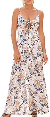 Women's Deep V Neck Floral Print Dress eeveless Sexy Backless Party Dresses