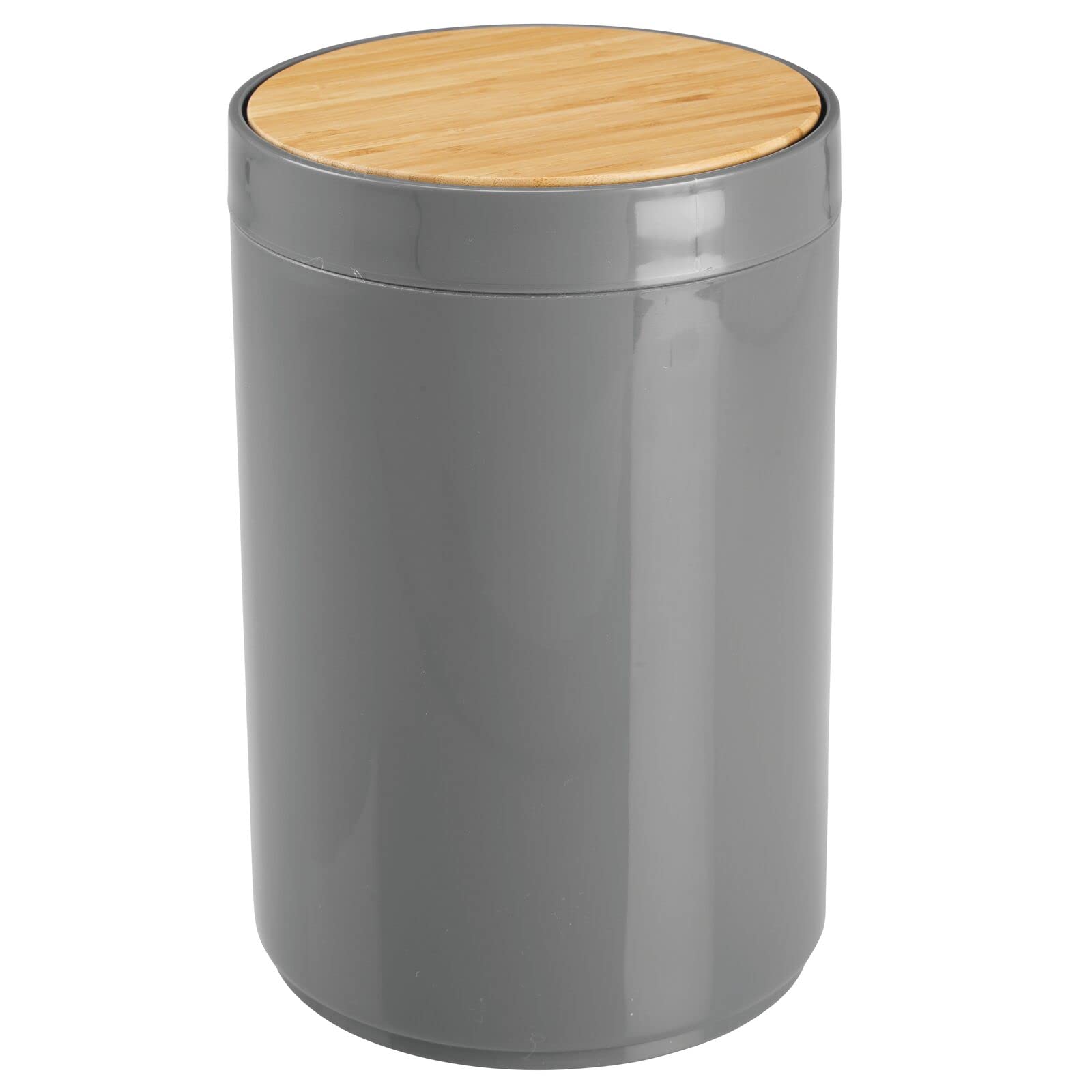 mDesign Swing Lid Bin – Bamboo and Plastic Rubbish Bin for Bathroom or Bedroom – Small Waste Bin with Swing Lid for Easy Access – Charcoal Grey/Natural