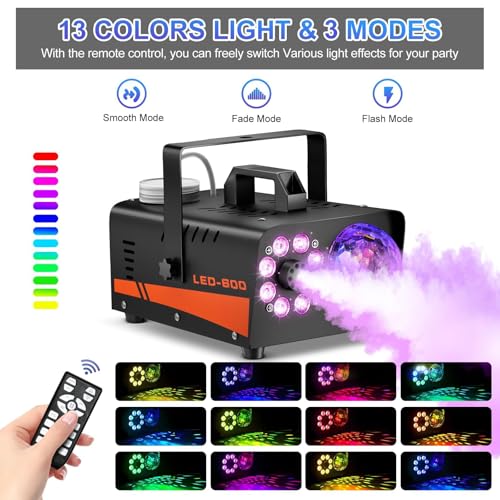 Dsocool Smoke Machine, Fog Machine with Disco Ball Lights, 600W and 3000CFM with 13 Colorful LED Lights Effect, Wireless Remote Control, Suitable for Indoor, Wedding, Parties, Halloween, and DJ Stage