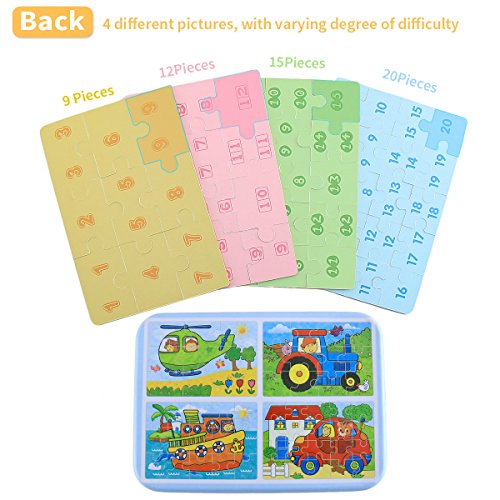 Wooden Jigsaw Puzzles Toys, Free Iron Box for Easy Storage,Pack of 4 with Varying Degree of Difficulty Tool Best for Toddlers 3-5 Years Boys & Girls to Develop Dexterity and Problem Solving - Thumbnail 3