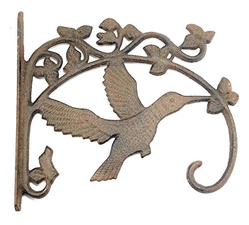 Aunt Chris' Products - Large Cast Iron Basket Hanger - Hummingbird On Ivy - Scroll Work Design - Rustic Bronze - Indoor or Outdoor Use