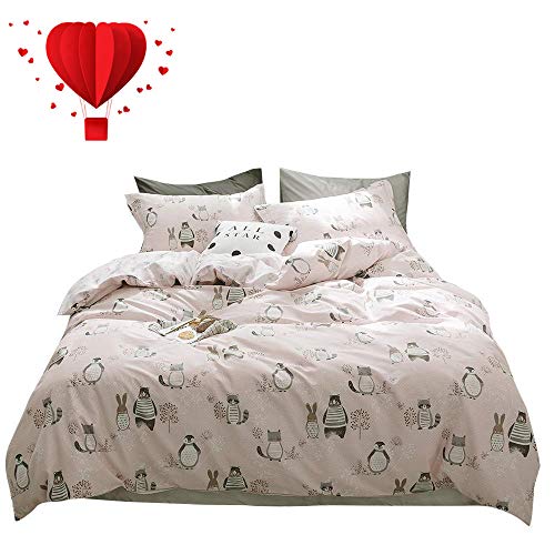 BuLuTu Animal Kids Duvet Cover Queen Pink for Girls 100% Cotton,Premium Reversible 3 Pieces Toddler Bedding Sets Full Zipper Closure,Raccoon Rabbit Bear Print,No Comforter
