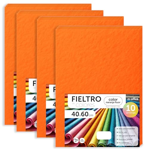 m-office Fieltro para Manualidades, Fieltro de Colores, Suave y Flexible, Material para Costura, Telas Patchwork, Ideal para proyectos DIY, artesanía o decoración, 40x60cm (naranja fluor, 40 uds)