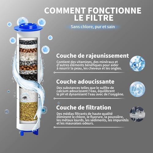 Pommeau Douche Haute Pression,Pommeau De Douche Anti Calcaire,Avec 15 Étapes Filtre*3 et Tuyau 1,5M,Support,4Types de Jets Douchette Douche Salle de Bain,SPA Shower Head Economie,Gris