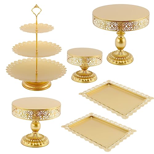 Gold Dessert Table Display Set 6 +1, Gorgeous Metal Cake Pop Display Stands Dessert Platter Cupcake Tower with 50Pcs Balloons for Wedding Birthday Party Baby Shower Afternoon Tea Festival Decor