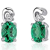 Simulated Emerald Earrings Sterling Silver CZ Accent Oval Shape