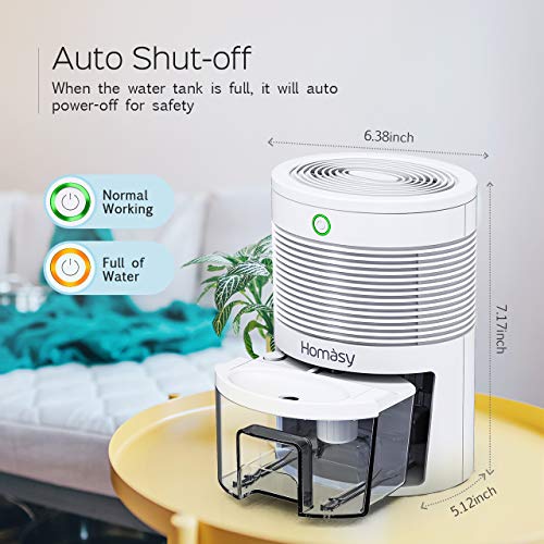 Homasy Mini Dehumidifier, 2200 Cubic Feet (220 sq ft) Compact and Portable 600ml (19 oz) Capacity Quiet Auto Off for Home, Kitchen, Bedroom, Bathroom, Basement, Caravan, Office, RV, Garage