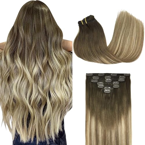 GOO GOO Extensiones Adhesivas Pelo Natural, 40cm 90g 7pcs, Extensiones de cabello humano Natural auténtico, 3/8/613 Marrón Nogal a Castaño Ceniza y Rubio Blanquecino