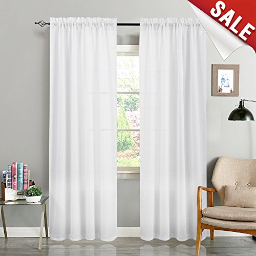 Casual Weave Textured Semi Sheer Curtains for Living Room White Voile Curtains 84 Inches Long Bedroom Rod Pocket Window Treatments 2 Panels White