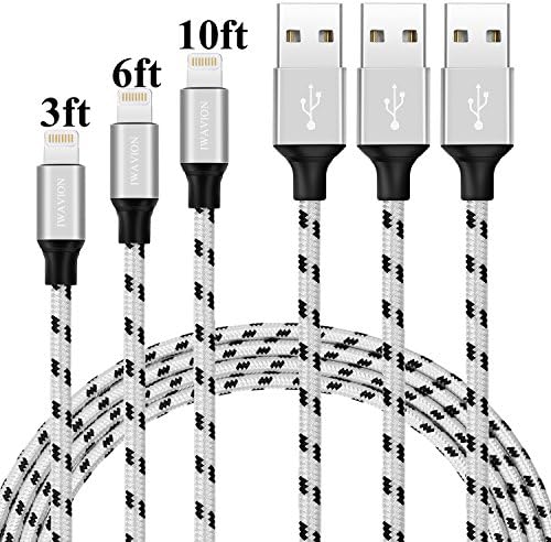 Lightning Cable, IWAVION 3pack 3ft 6ft 10ft Nylon Braided Lightning to USB iPhone Charger Cord with Aluminum Connector for iPhone 8/8plus/8X/7/7 Plus/6s/6s Plus/6/6Plus/SE/5s/5, iPad/iPod-Black/Silver