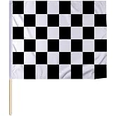 PromoPatriot Checkered Racing Flag 24x30 inch &ndash; Heavy-Duty 200D Nylon, Single-Sided Print, Mounted on 30&Prime; Natural Wood Pole &ndash; Black &amp; White Race Finish Flag for Motorsports.