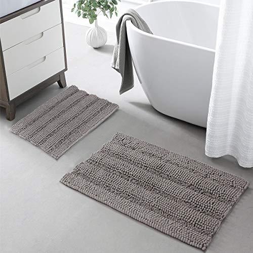 Grey Bathroom Rugs Set Non-Slip Soft Chenille Bath Mat Absorbent Machine Washable Shaggy Shower Mat for Tub Kitchen Entryway, 20 x 32 + 17 x 24, 2 Pieces