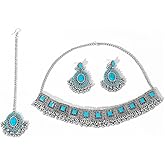 Boho Western Turquoise Jewelry Set for Women Cowgirl Traditional Bohemian Jhumka Vintage Choker Necklace Gemstone Dangle Drop Earring Bridal Maang Tikka Fancy Fashion Wedding Head Accessories