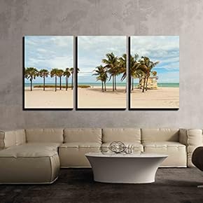 3 Piece Canvas Wall Art - Beautiful Crandon Park Beach Located in Key Biscayne in Miami. - Modern Home Art Stretched and Framed Ready to Hang - 16"x24"x3 Panels