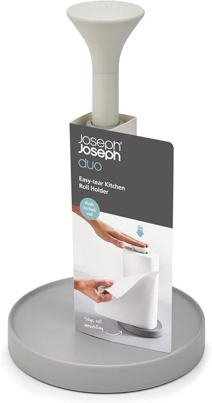 Suporte duplo para rolos de papel de cozinha, função de empurrar e rasgar para facilitar a remoção (altura máxima do rolo de cozinha de 24 cm), cinzento/branco