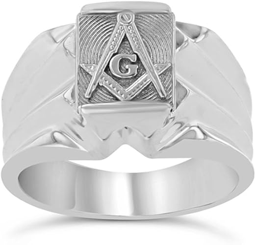 Men S Sleek 10k White Gold Freemason Square Compass Masonic Ring Amazon Com