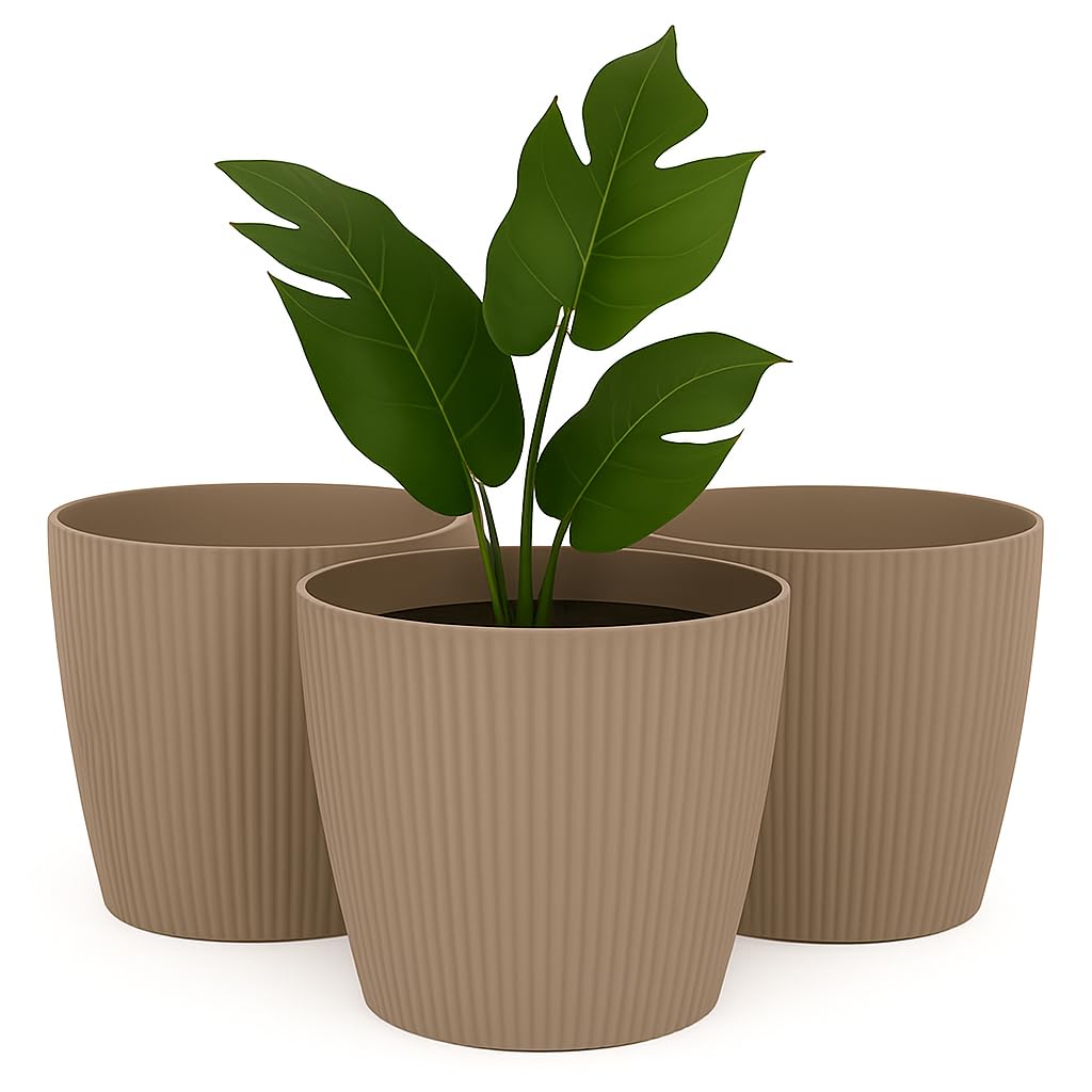 Home Garden Ornaments Small Plant Pots Indoor – Indoor Plant Pot for Home and Garden, Decorative Striped Set of 3 Flower Pots (Diameter 15.5cm, Taupe)
