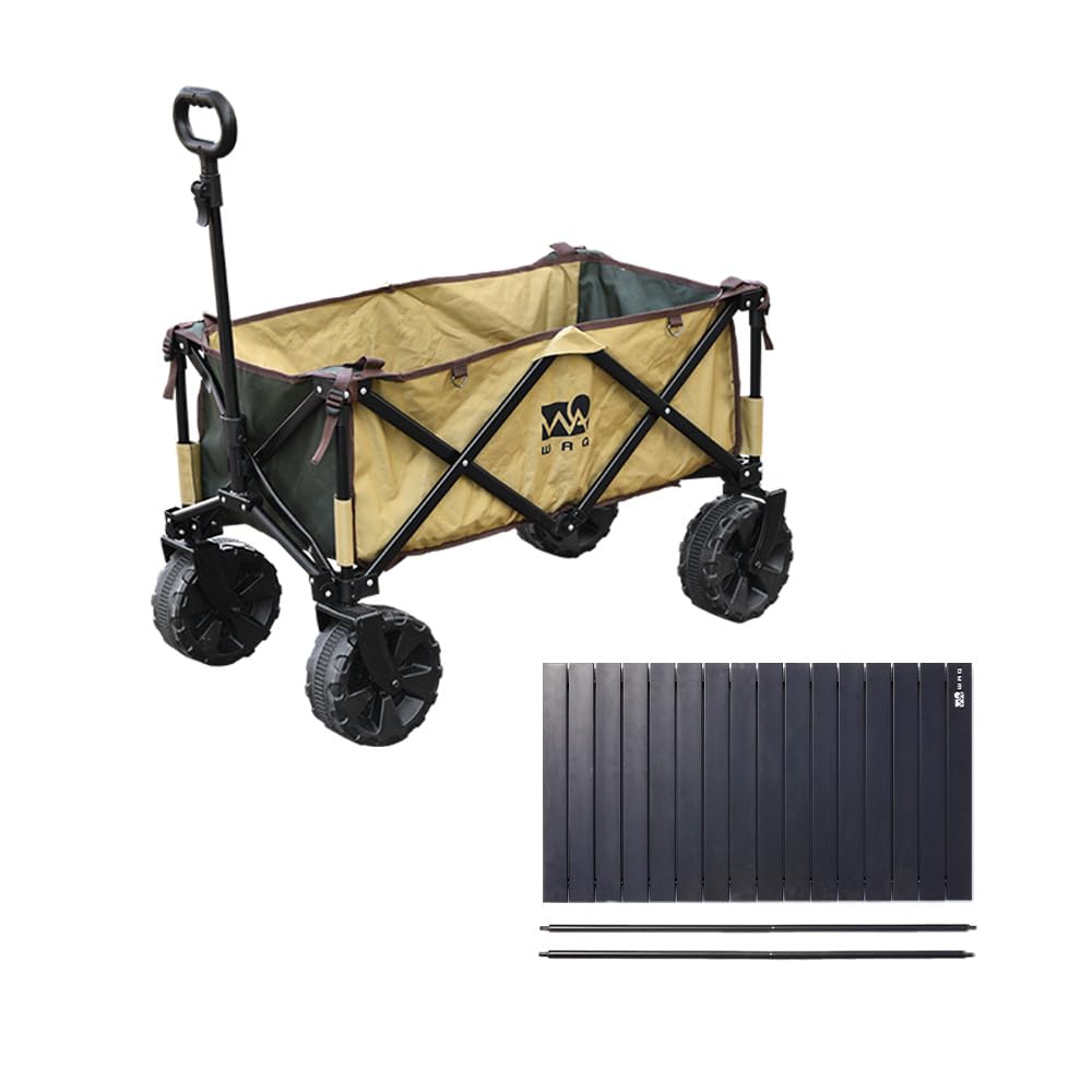 WAQ アウトドアワゴン (大型タイヤ/耐荷重150kg/自立収納/106L) キャリーワゴン (オリーブタン × アルミブラックテーブルセット)商品画像