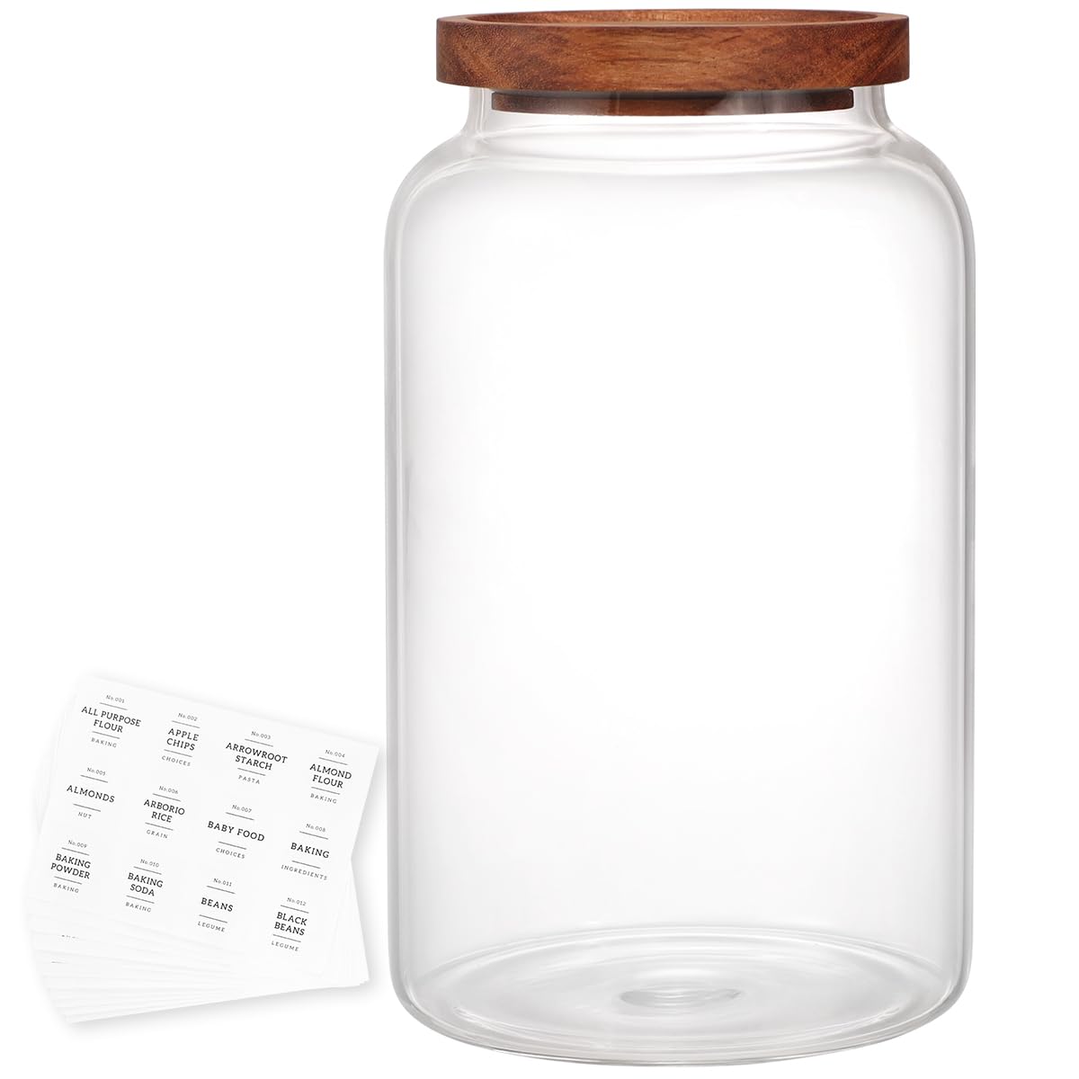 Photo 1 of High Borosilicate Large Glass Jar with Airtight Acacia Lid and 132 Kitchen Panty Labels Preprinted - 94 Fl Oz Thicken Big Glass Food Storage Container Canister for Flour, Sugar, Rice, Cookie, Cereal