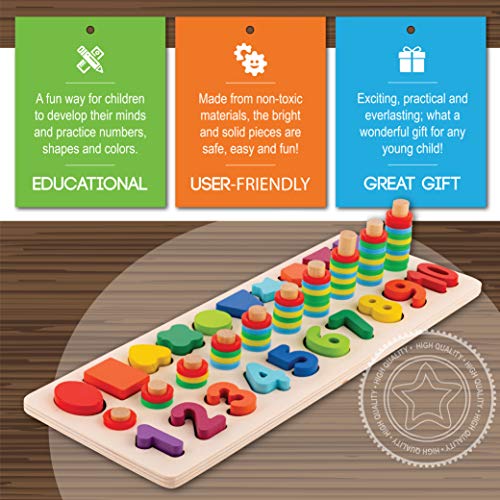 Toy To Enjoy Wooden Number Puzzle with Rings & Shapes - Stacking Montessori Sorting Toy for Early Learning - for Age 3 to 5 Kids & Toddlers - Chunky Jigsaw Pegboard - Number Learning Board Toys