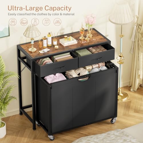 FIONESO Rolling Laundry Basket with 3 Section Pull-Out Bags, Laundry Hamper with 2 Drawers, 2-Tone Top Panel Laundry Sorter, Laundry Basket Organizer with Wheels, Laundry Room, Bathroom, Black