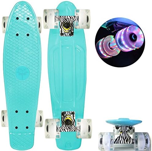 Beautiful Coral Teal with Zebra Truck LED Light Wheels 22" Mini Retro Cruiser Skateboard - Same Day Handling
