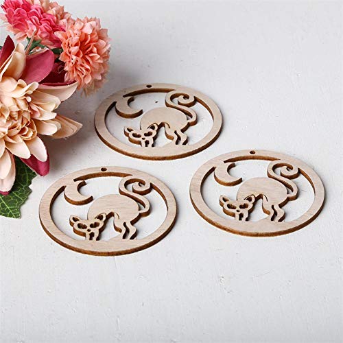 6PCS Halloween Theme Wooden Pendent,Round Hollow Wood Pumpkins Witch Haunted House Ghost Black Cat Shape DIY Ornaments Home Holiday Halloween Party Decoration
