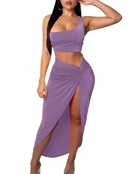 BEAGIMEG WOMEN’S SEXY ONE SHOULDER LONG BODYCON SLIT SKIRT 2 PIECES DRESS LAVENDER
