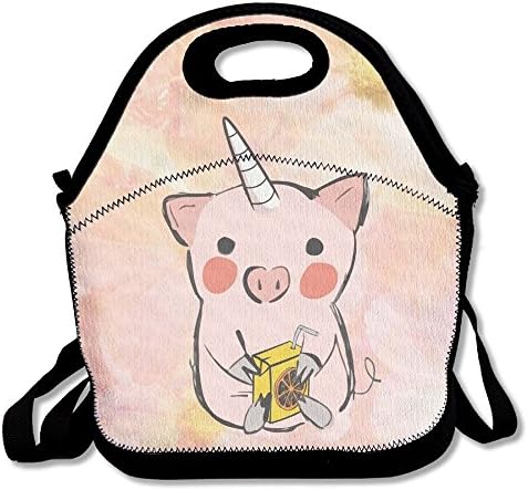 TUSO234 Cute Cartoon Unicorn Pig With Orage Juice Waterproof Lunch Tote Bag Insulated Reusable Picnic Lunch Boxes For Men Women Kids