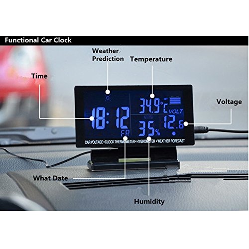 Polarlander 4 in 1 Digital Car Thermometer Hygrometer 12V DC LCD Screen Hygrothermograph Weather Forecast Voltage Clock