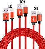 Suplink 3' 6' 10' Extra Long Cord 8 Pin Lightning to USB Charging Cables for iPhone SE/6/6s/6 plus/6s plus, 5c/5s/5, iPad Pro/Air/Mini, iPod Nano/Touch - Red - Pack of 3